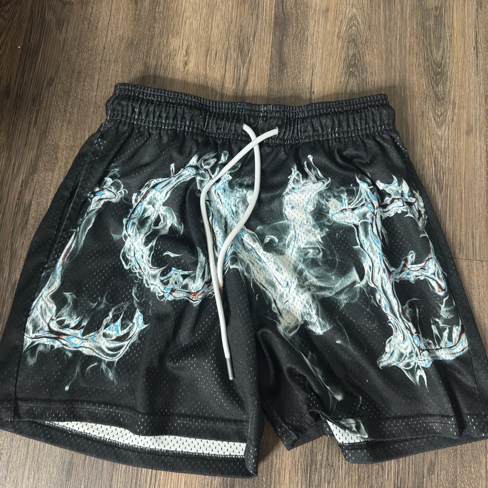 Black Graphic Shorts with White and Blue Design